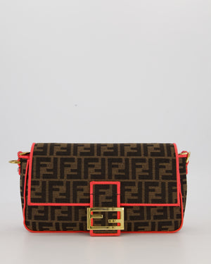 Fendi Brown Zucca Monogram Medium Baguette Bag In Canvas With Pink Trimming and Gold Hardware