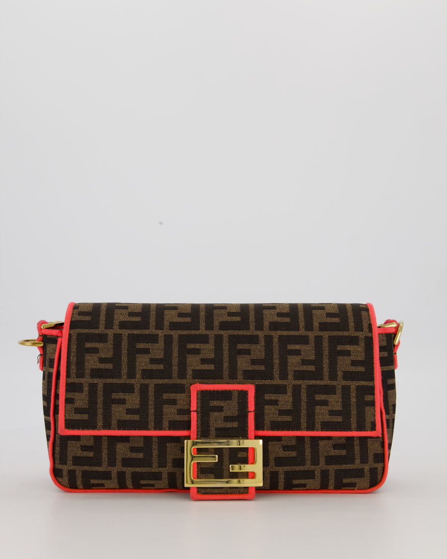 Fendi Brown Zucca Monogram Medium Baguette Bag In Canvas With Pink Trimming and Gold Hardware