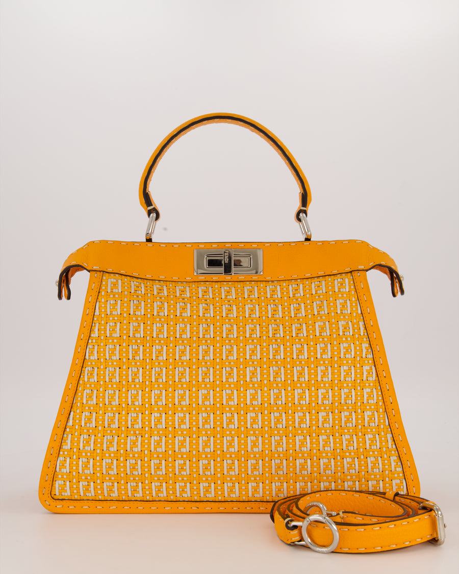 Fendi Peekaboo ISeeU Medium Bag in Orange and White Woven Calfskin Leather in Silver Hardware