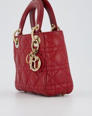 Christian Dior Red Mini Lady Dior Bag in Calfskin Leather With Champagne Hardware