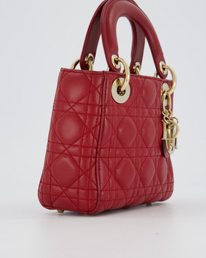 Christian Dior Red Mini Lady Dior Bag in Calfskin Leather With Champagne Hardware