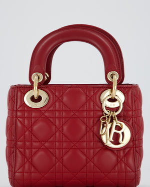 Christian Dior Red Mini Lady Dior Bag in Calfskin Leather With Champagne Hardware