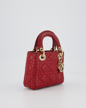 Christian Dior Red Mini Lady Dior Bag in Calfskin Leather With Champagne Hardware