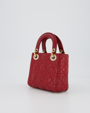 Christian Dior Red Mini Lady Dior Bag in Calfskin Leather With Champagne Hardware