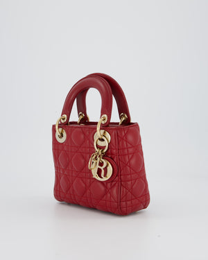 Christian Dior Red Mini Lady Dior Bag in Calfskin Leather With Champagne Hardware