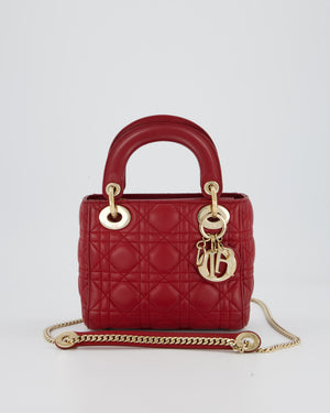 Christian Dior Red Mini Lady Dior Bag in Calfskin Leather With Champagne Hardware