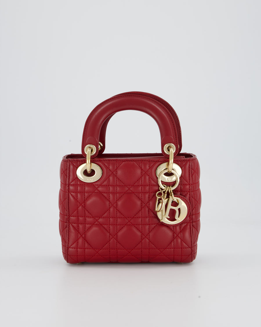 Christian Dior Red Mini Lady Dior Bag in Calfskin Leather With Champagne Hardware