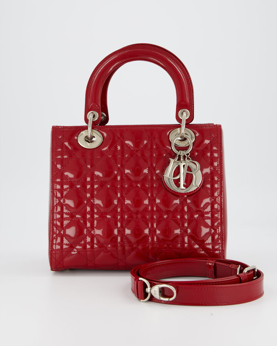 Christian Dior Burgundy Medium Lady Dior Bag in Patent Leather with Silver Hardware