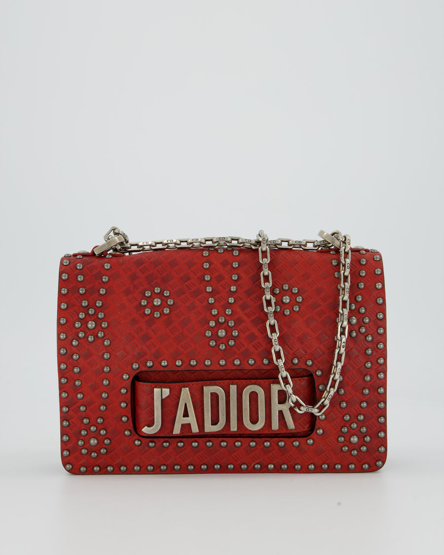 Christian Dior J'adior Red Studded Flap Bag in Calfskin Leather With Silver Hardware