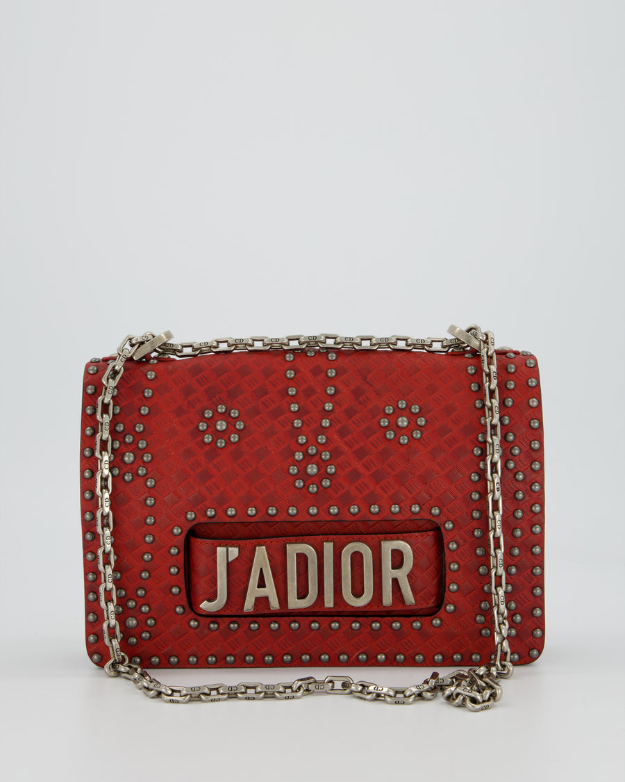 Christian Dior J'adior Red Studded Flap Bag in Calfskin Leather With Silver Hardware