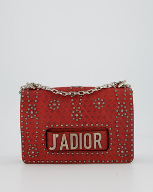 Christian Dior J'adior Red Studded Flap Bag in Calfskin Leather With Silver Hardware