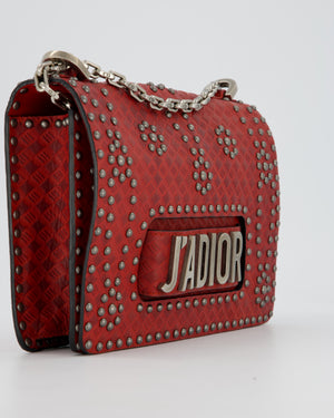 Christian Dior J'adior Red Studded Flap Bag in Calfskin Leather With Silver Hardware
