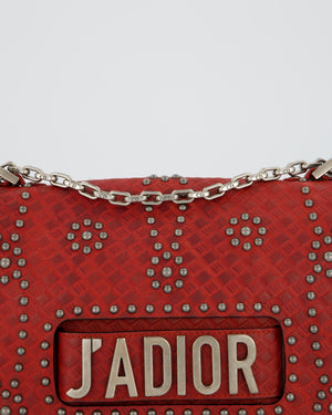 Christian Dior J'adior Red Studded Flap Bag in Calfskin Leather With Silver Hardware