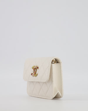Chanel White Caviar Leather Micro Flap Bag with Gold Multi-Colour Crystal Embellished Hardware