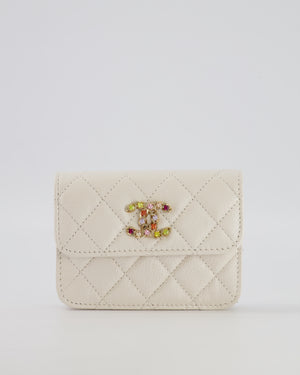 Chanel White Caviar Leather Micro Flap Bag with Gold Multi-Colour Crystal Embellished Hardware