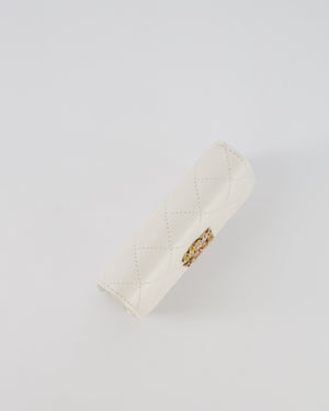 Chanel White Caviar Leather Micro Flap Bag with Gold Multi-Colour Crystal Embellished Hardware