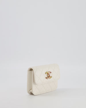 Chanel White Caviar Leather Micro Flap Bag with Gold Multi-Colour Crystal Embellished Hardware