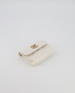 Chanel White Caviar Leather Micro Flap Bag with Gold Multi-Colour Crystal Embellished Hardware