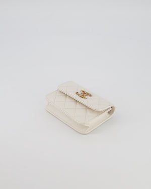 Chanel White Caviar Leather Micro Flap Bag with Gold Multi-Colour Crystal Embellished Hardware