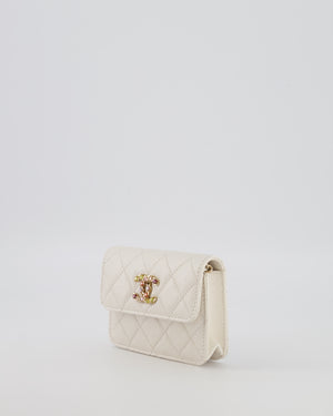Chanel White Caviar Leather Micro Flap Bag with Gold Multi-Colour Crystal Embellished Hardware