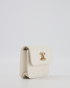 Chanel White Caviar Leather Micro Flap Bag with Gold Multi-Colour Crystal Embellished Hardware