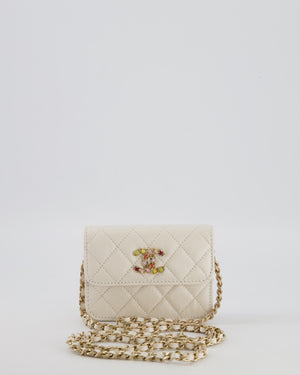 Chanel White Caviar Leather Micro Flap Bag with Gold Multi-Colour Crystal Embellished Hardware