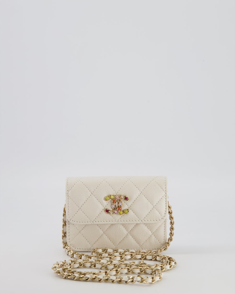 Chanel White Caviar Leather Micro Flap Bag with Gold Multi-Colour Crystal Embellished Hardware