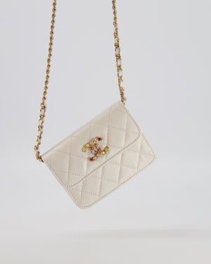 Chanel White Caviar Leather Micro Flap Bag with Gold Multi-Colour Crystal Embellished Hardware