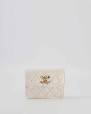 Chanel White Caviar Leather Micro Flap Bag with Gold Multi-Colour Crystal Embellished Hardware