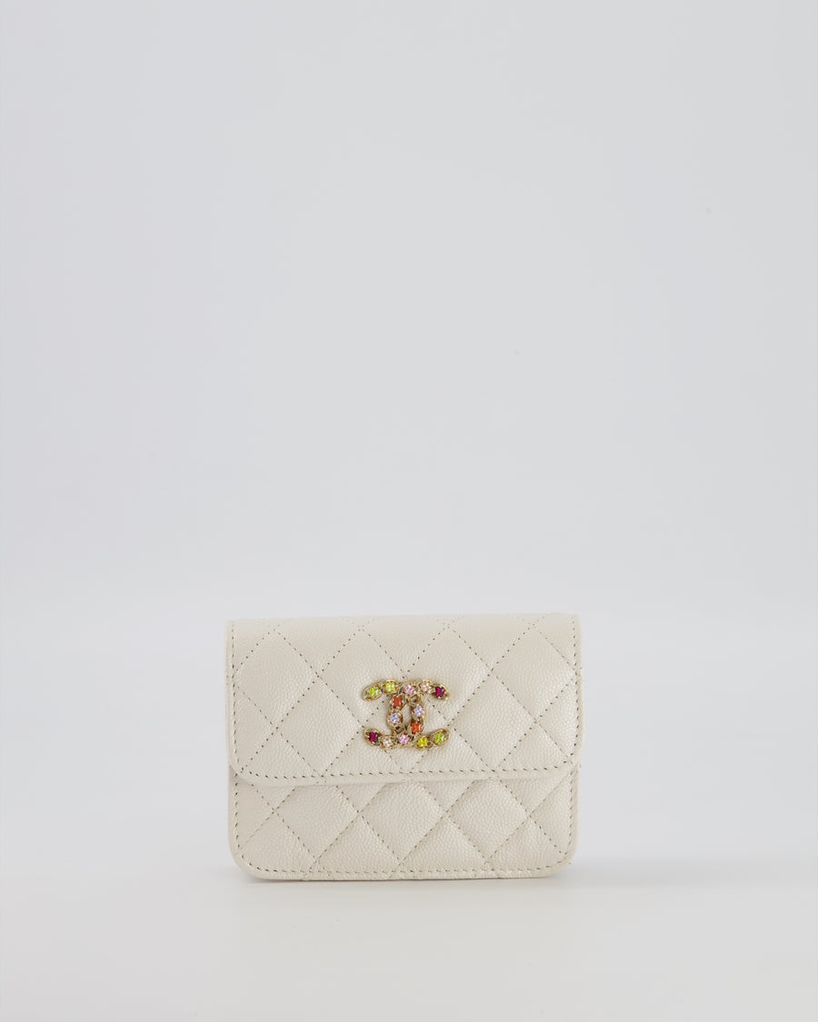 Chanel White Caviar Leather Micro Flap Bag with Gold Multi-Colour Crystal Embellished Hardware