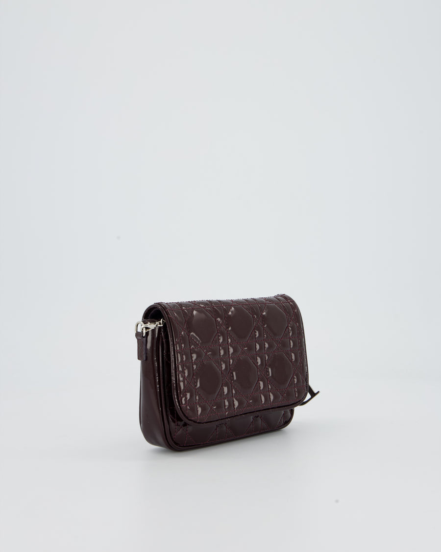 Christian Dior Dark Purple Lady Dior Wallet On Chain Bag in Patent Leather With Silver Hardware