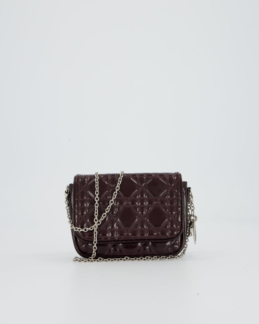 Christian Dior Dark Purple Lady Dior Wallet On Chain Bag in Patent Leather With Silver Hardware