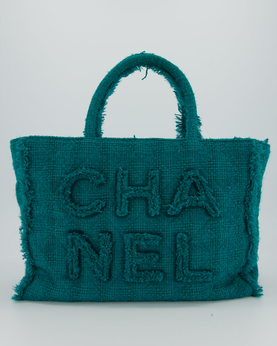 Chanel Turquoise Tweed Tote Bag with Chanel Logo Details