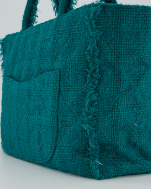 Chanel Turquoise Tweed Tote Bag with Chanel Logo Details