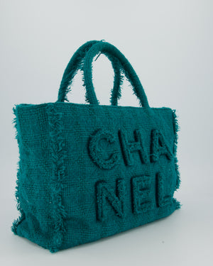 Chanel Turquoise Tweed Tote Bag with Chanel Logo Details