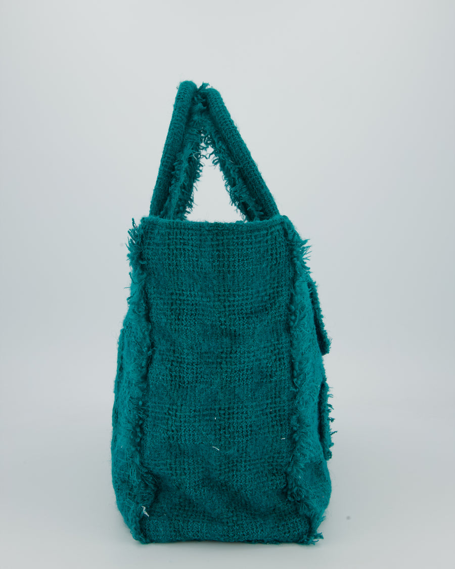 Chanel Turquoise Tweed Tote Bag with Chanel Logo Details