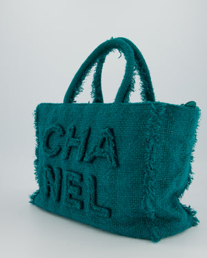 Chanel Turquoise Tweed Tote Bag with Chanel Logo Details
