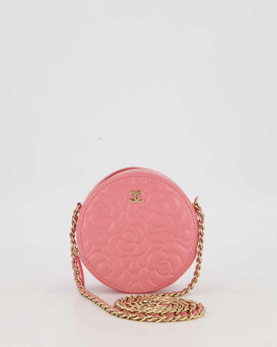 Chanel Pink Camellia Caviar Leather Round Bag with Chain With Gold Hardware