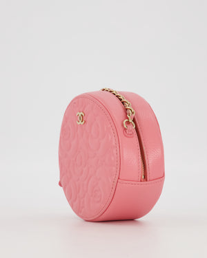 Chanel Pink Camellia Caviar Leather Round Bag with Chain With Gold Hardware