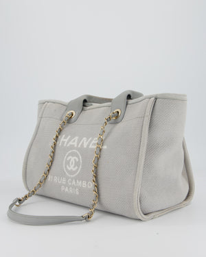 Chanel Grey Small Deauville Tote Bag in Canvas with Champagne Gold Hardware
