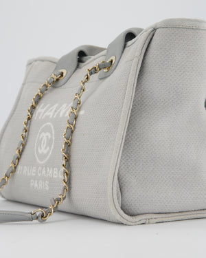 Chanel Grey Small Deauville Tote Bag in Canvas with Champagne Gold Hardware