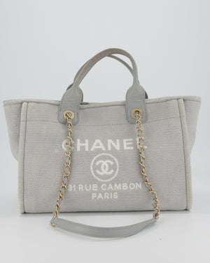 Chanel Grey Small Deauville Tote Bag in Canvas with Champagne Gold Hardware