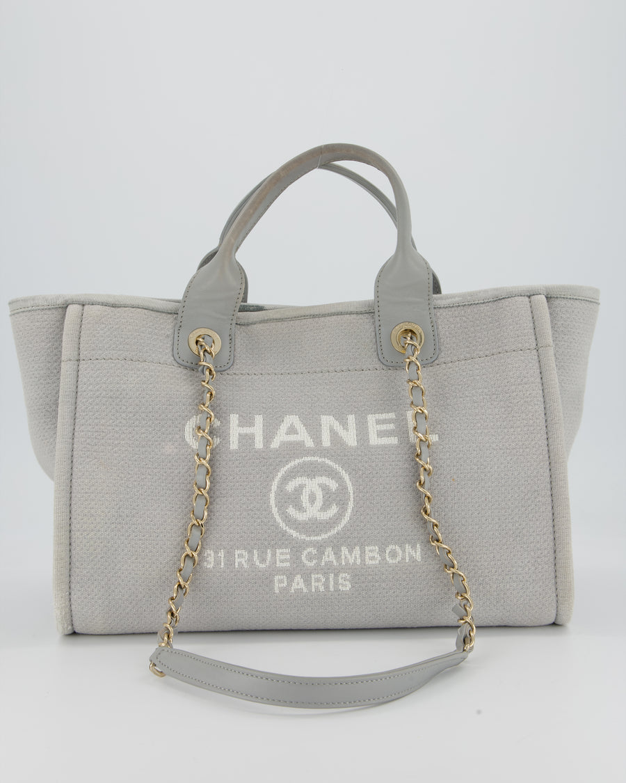 Chanel Grey Small Deauville Tote Bag in Canvas with Champagne Gold Hardware