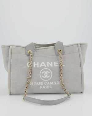 Chanel Grey Small Deauville Tote Bag in Canvas with Champagne Gold Hardware