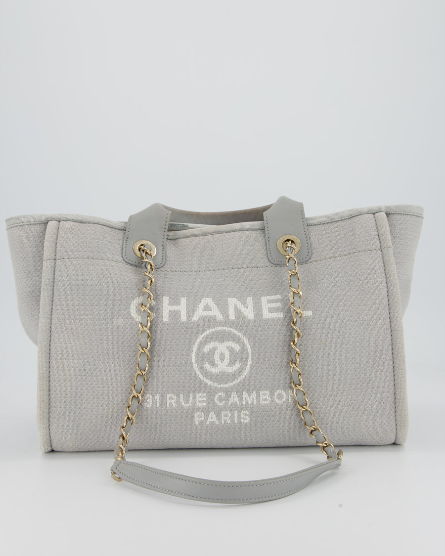 Chanel Grey Small Deauville Tote Bag in Canvas with Champagne Gold Hardware