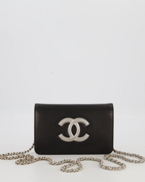 Chanel Black and Silver Wallet on Chain with Raised CC Logo on front in Lambskin Leather with Silver Hardware
