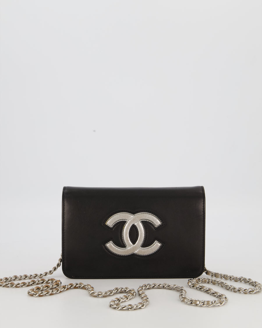 Chanel Black and Silver Wallet on Chain with Raised CC Logo on front in Lambskin Leather with Silver Hardware
