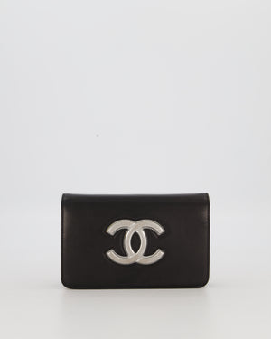Chanel Black and Silver Wallet on Chain with Raised CC Logo on front in Lambskin Leather with Silver Hardware