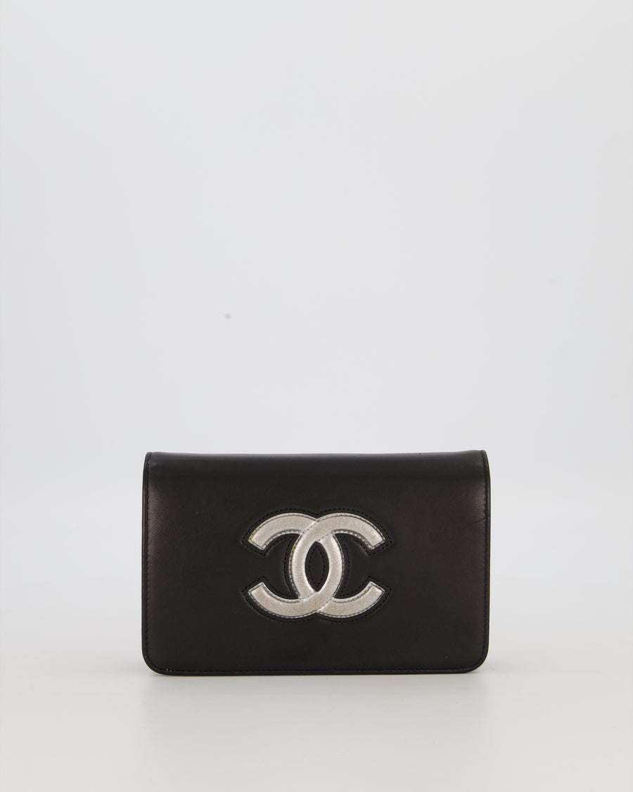 Chanel Black and Silver Wallet on Chain with Raised CC Logo on front in Lambskin Leather with Silver Hardware