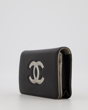 Chanel Black and Silver Wallet on Chain with Raised CC Logo on front in Lambskin Leather with Silver Hardware